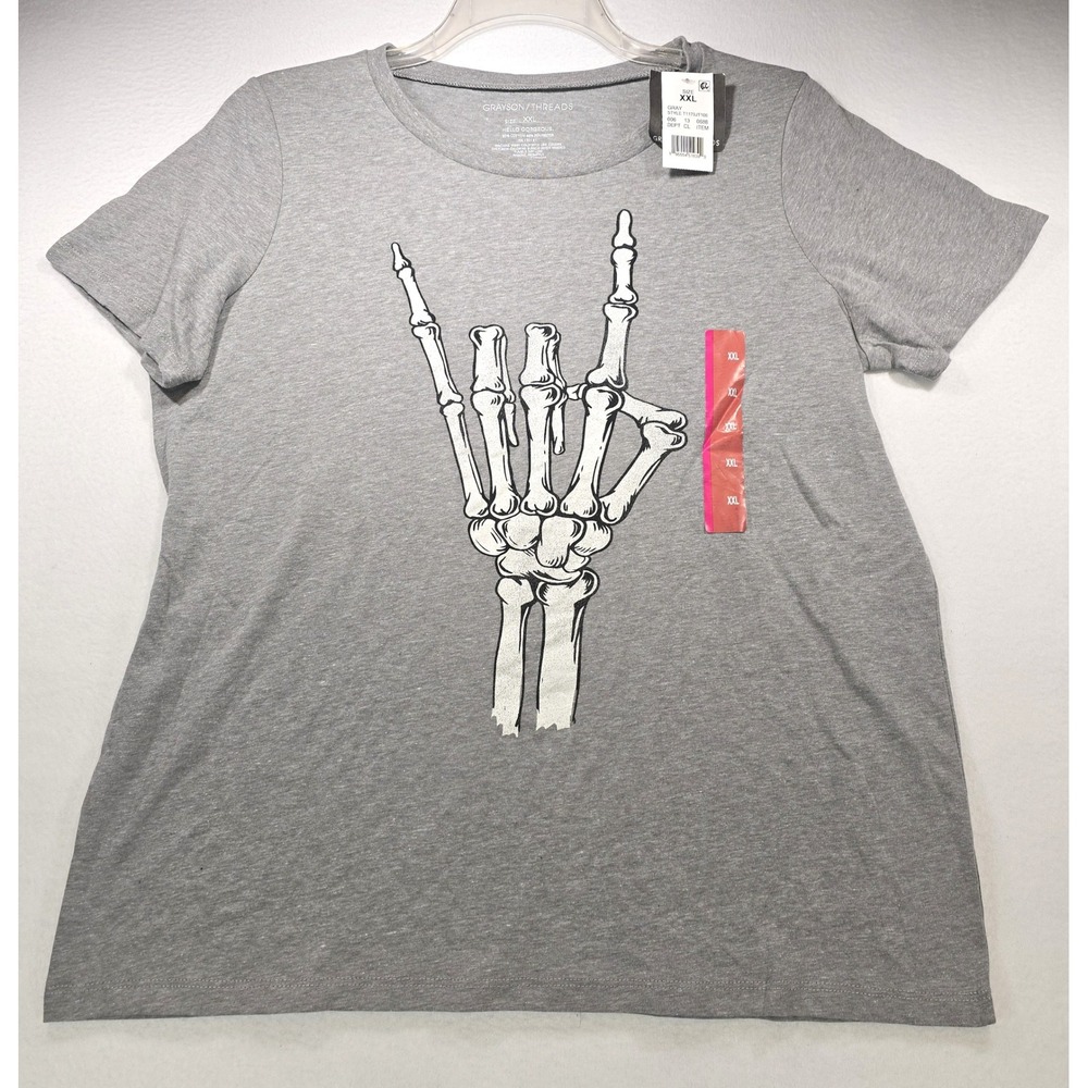 Grayson Threads Womens XXL Gray Skeleton Hand Graphic T-Shirt NWT